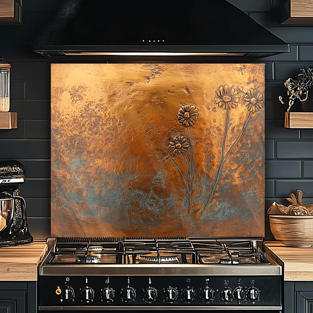 Copper Patina Wildflowers Tempered Glass Backsplash Behind Stove, Kitchen Backsplash