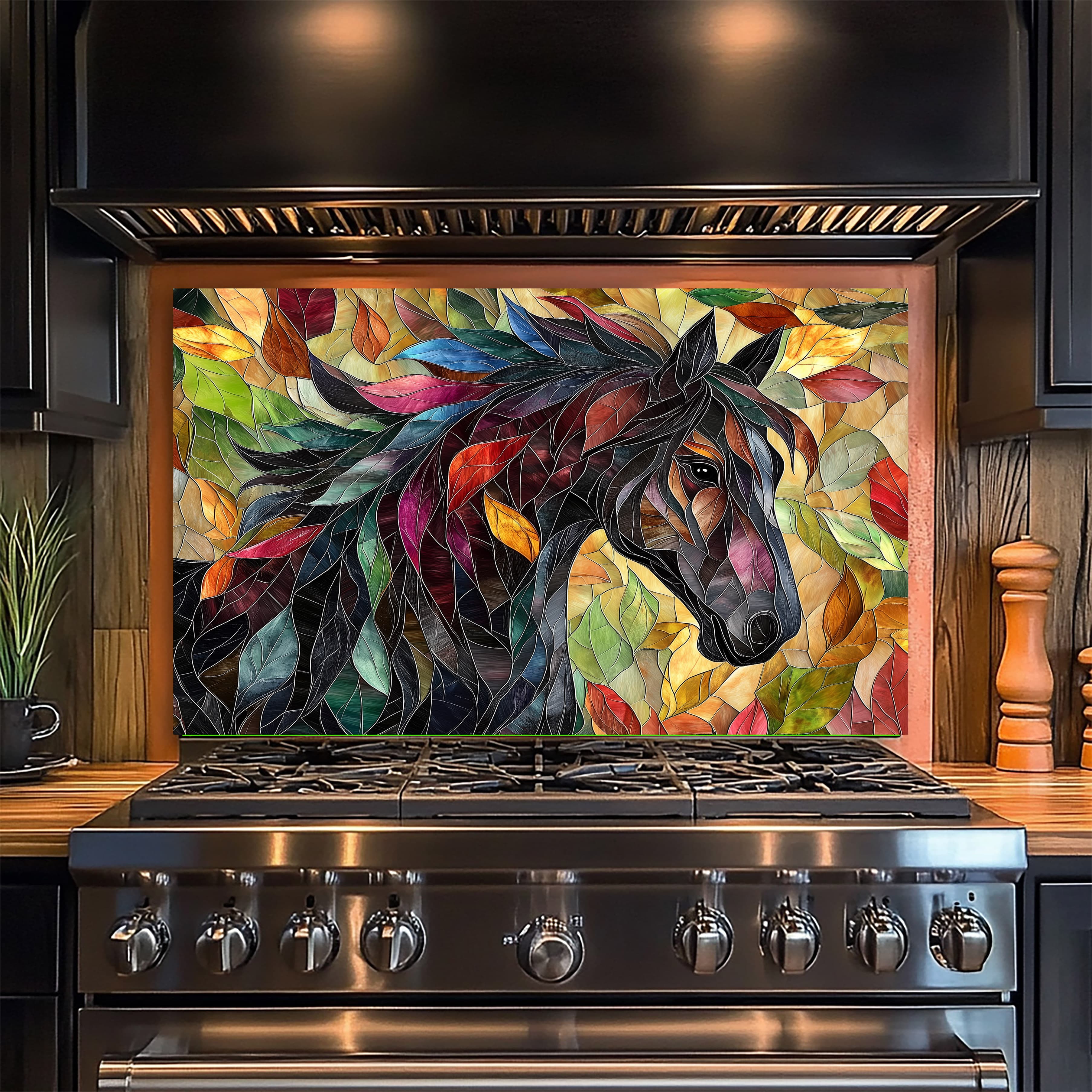 Stained Glass Look Floral Horse Tempered Glass Backsplash Behind Stove, Kitchen Splahback, Chopping Board