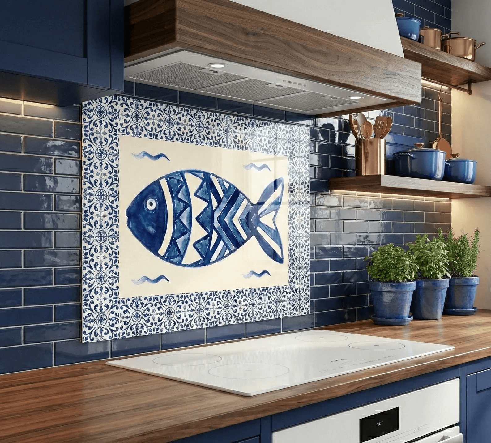 Premium fish tile look glass backplash panel behind stove