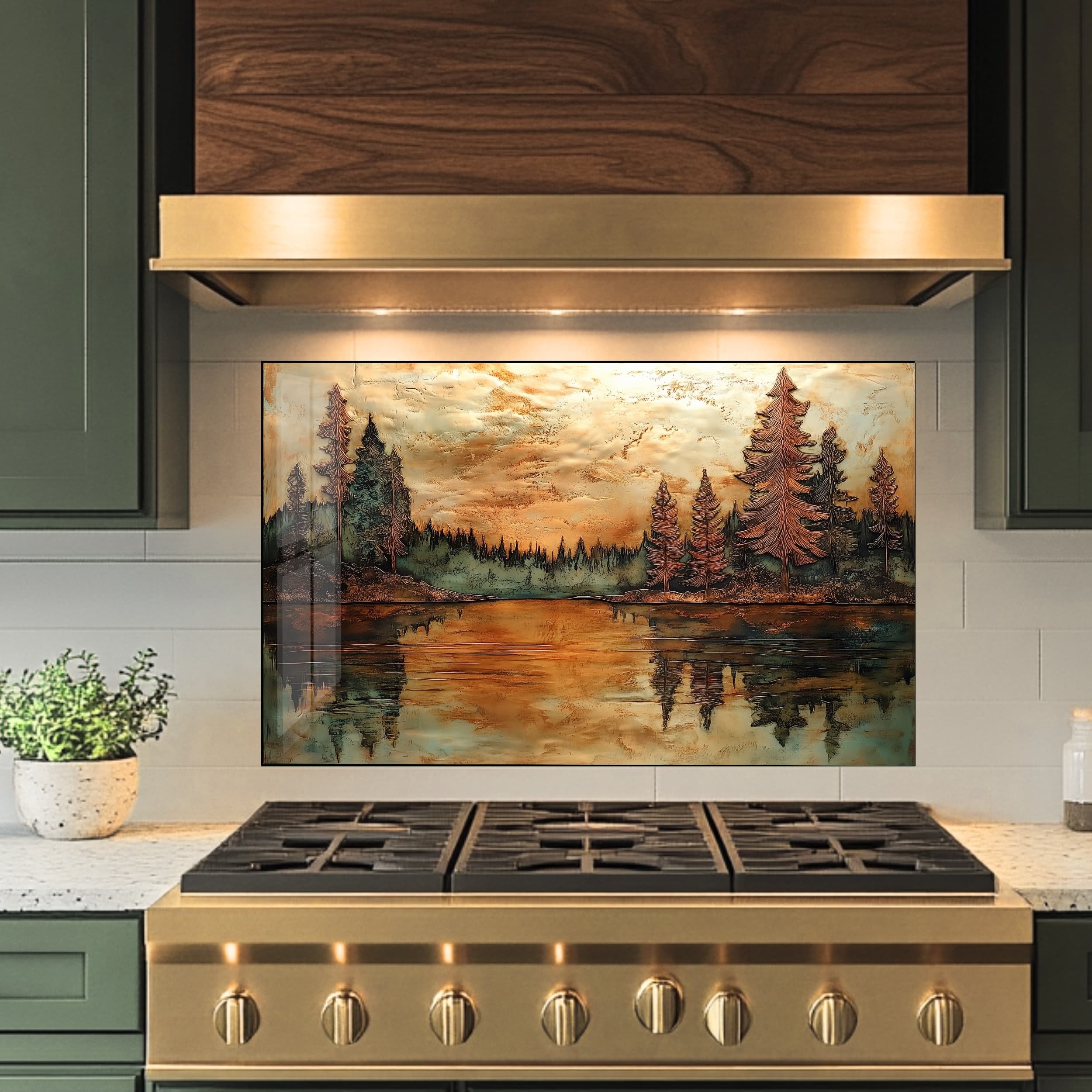 Mountain Pine Landscape Tempered Glass Kitchen Backsplash Behind the Stove