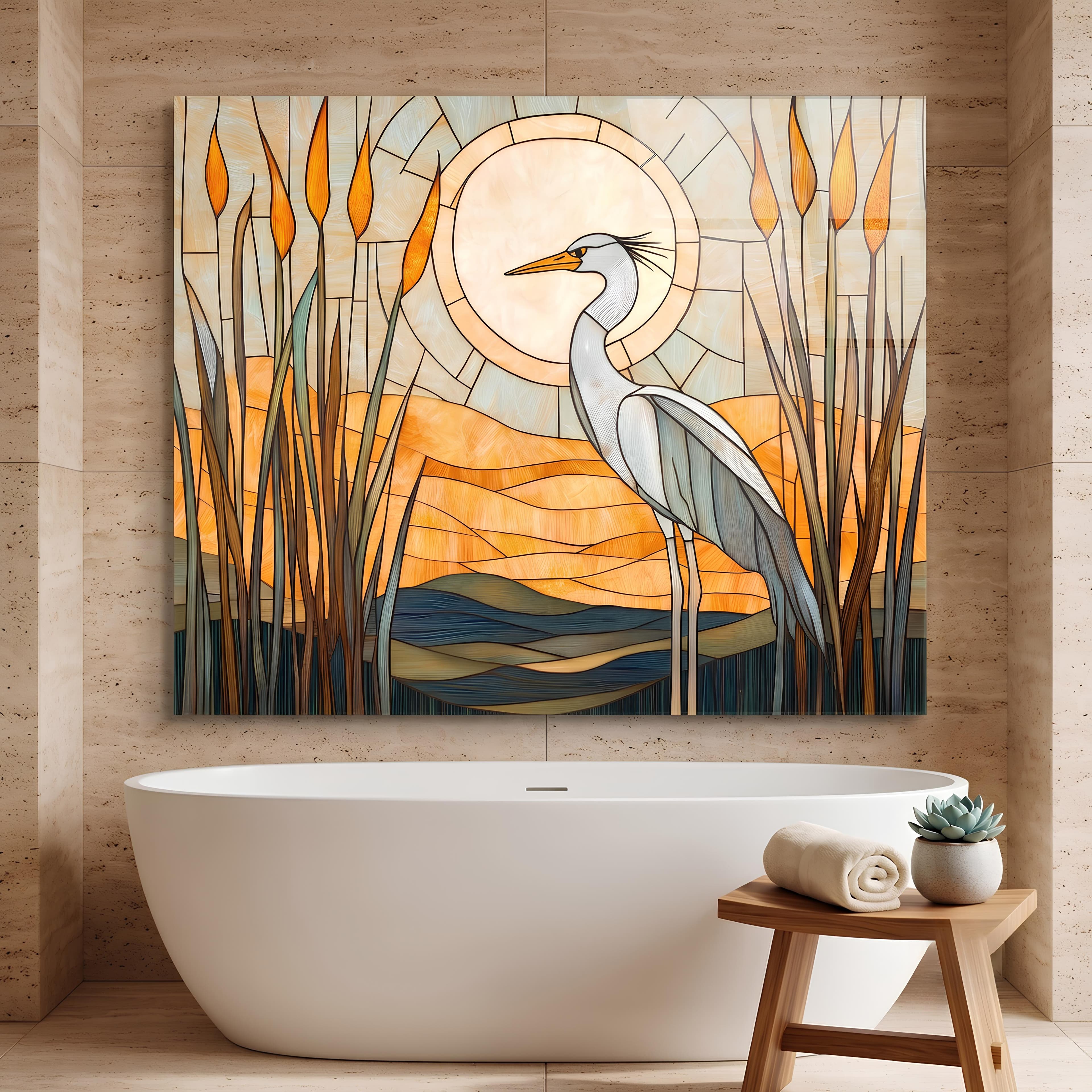 Serene Sunset Wetlands Bird Glass Wall Decor | Zaanvo