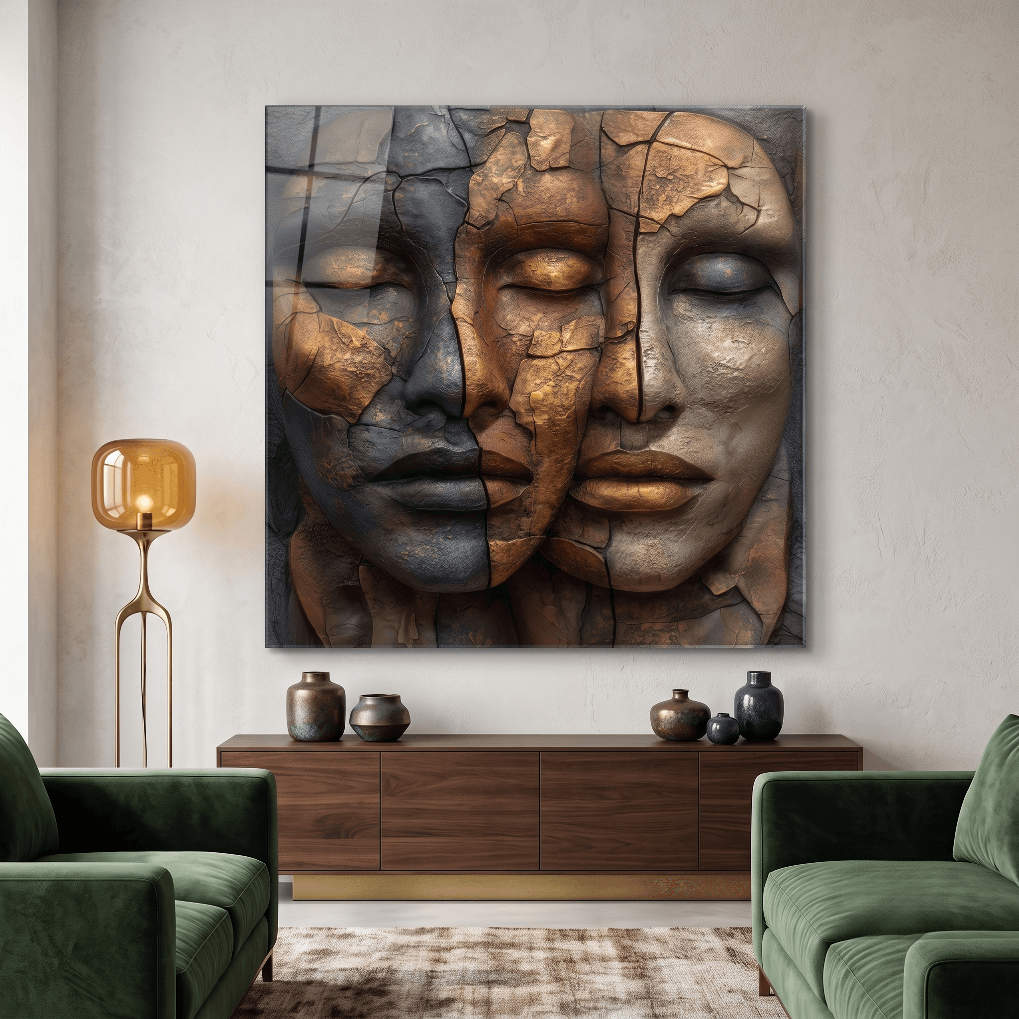 Abstract Three Faces Glass Wall Art – Bronze & Gold Modern Portrait