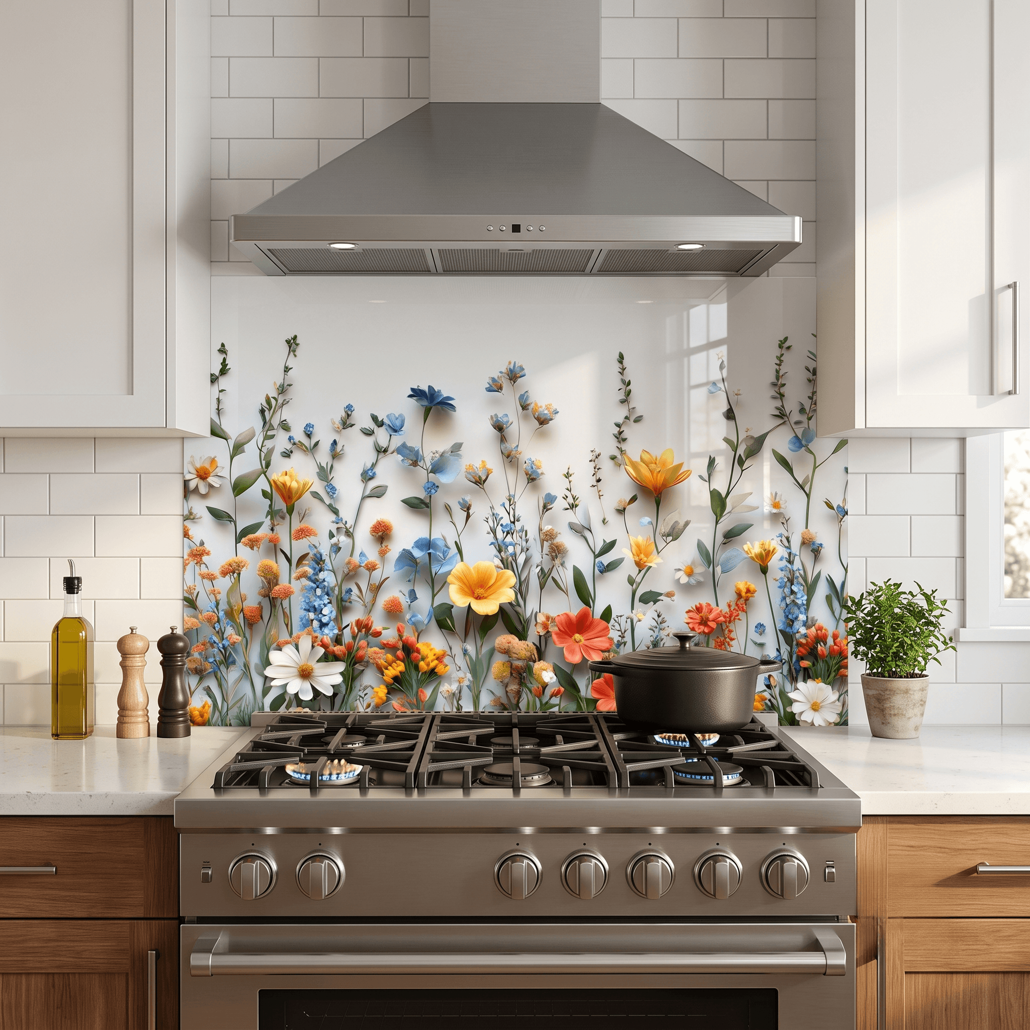 Modern White Wildflowers Tempered Glass Kitchen Splashback, Floral Stove Backsplash