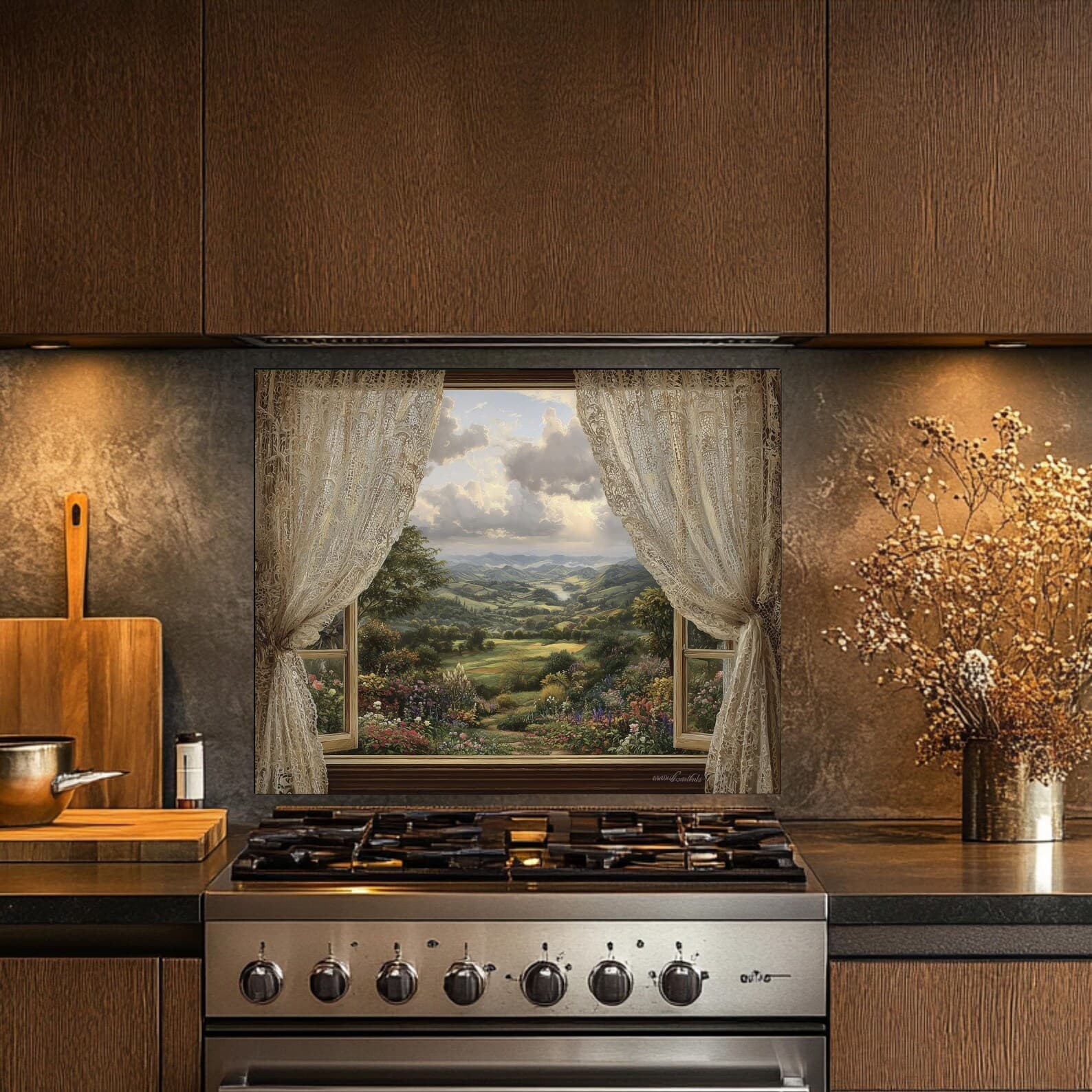 Window Look Landscape Tempered Glass Stove Backsplash